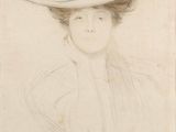 an old drawing of a woman with a large hat on her head