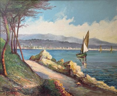 a painting of a sailboat on the water by the shore