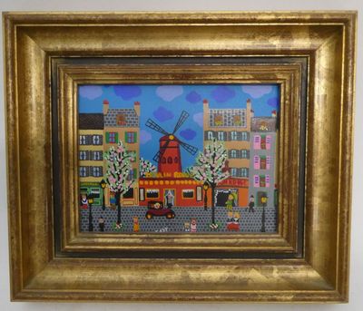 peinture d'un moulin à vent dans une rue de la ville avec des bâtiments en arrière-plan