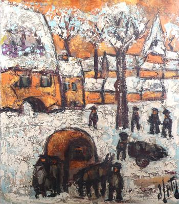 a painting of a horse drawn carriage on a snowy street