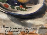 a painting of a plate with a lemon on it
