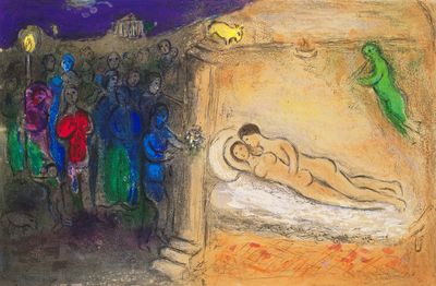 painting of a man laying on a bed in front of a group of people
