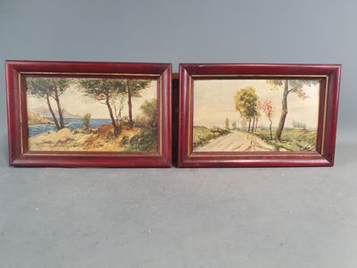une paire de peintures à l'huile représentant une route de campagne et des arbres