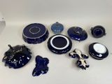 a lot of blue and white items on the table