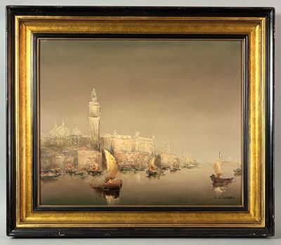 painting of a view of a city with a clock tower and boats in the water