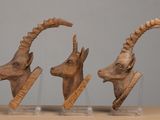 three carved animal heads on clear acrylic stands on a table