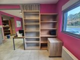 une pièce avec un bureau, des étagères et une fenêtre