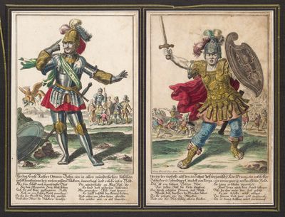 two pictures of men dressed in medieval clothing and holding swords