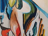 peinture abstraite représentant un homme, une femme et un chien