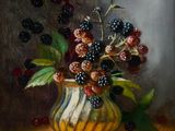 tableau représentant un vase rempli de baies posé sur une table, avec des feuilles et des baies