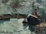 a painting of a boat in the water near a dock