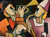 a painting of a man playing a trumpet and another man playing a trumpet