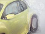 painting of a yellow car on a white background with a black background