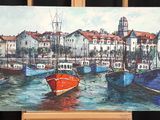 a painting of boats in a harbor with buildings in the background