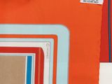 orange, blue, and white squares of different sizes on a white surface