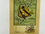 an illustration of a fish and a man fishing on a lake