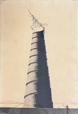 une photo en noir et blanc d'une tour surmontée d'un cerf-volant