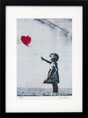 a painting of a girl holding a red balloon in the shape of a heart