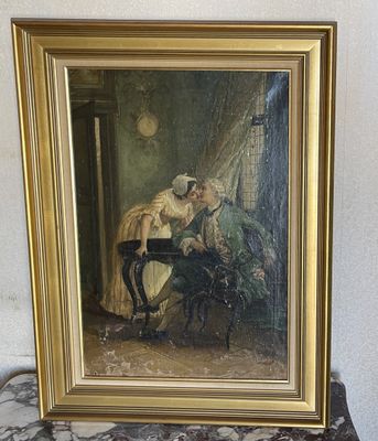 tableau représentant un homme et une femme assis sur une chaise dans une pièce