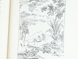 an open book with a drawing of a landscape in it