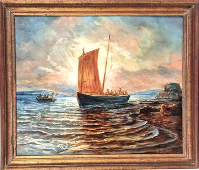 an oil painting of a sailboat on the water with a boat in the background