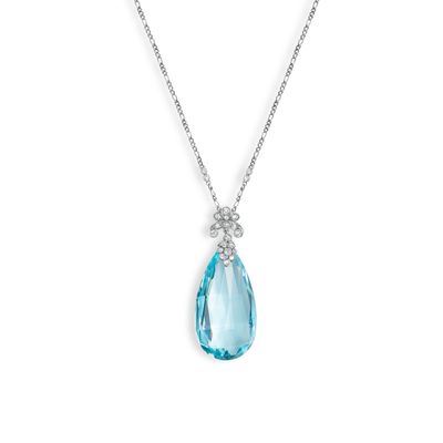 AnnÉES 1910 Rare Pendentif Aigue-Marine Briollette Diamants …