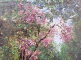 a painting of a pink tree in the middle of a forest