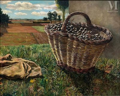 un tableau représentant un panier de pommes dans l'herbe