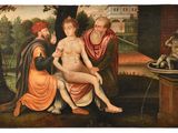 an image of a painting of a man sitting on a bench next to a woman
