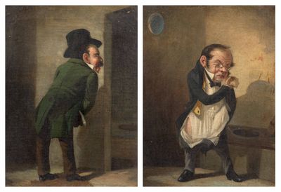 deux tableaux représentant un homme en manteau vert et un homme en chemise blanche