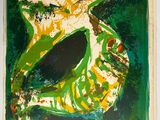 une peinture abstraite représentant un oiseau sur un fond vert et jaune