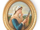 painting of a woman in a bonnet holding a rifle in a gold frame