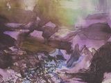 painting of a group of people sitting around a campfire in a rocky area