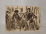 dessin d'un groupe de personnes assises autour d'une table dans une pièce
