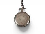 a silver pocket watch with a chain on a white background