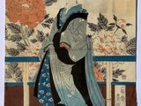 an image of a painting of a woman in a blue kimono