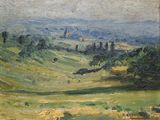 une peinture à l'huile représentant un paysage avec des collines et des arbres au loin