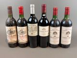 six bouteilles de vin rouge sont alignées