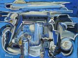 une peinture à l'huile représentant une voiture sur le toit de laquelle est posée une planche de surf