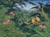 un tableau représentant des oiseaux perchés sur une branche d'arbre dans la jungle