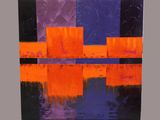 peinture abstraite représentant des carrés orange, violets et noirs sur un fond gris
