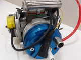 a blue hose connected to a blue machine on a white table