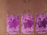 four pictures of a group of people standing in the snow