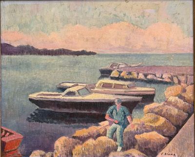 un tableau représentant un homme assis sur un rocher à côté d'un bateau