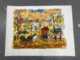 un dessin représentant une calèche tirée par des chevaux dans la rue