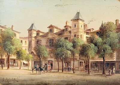 painting of a street scene with a horse drawn carriage in front of a building