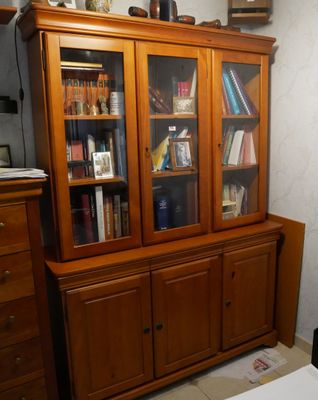 une armoire en bois avec des portes vitrées dans un salon