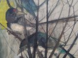 painting of three birds perched on a tree branch in a forest