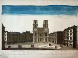 an old drawing of a building with a clock tower in the middle of it