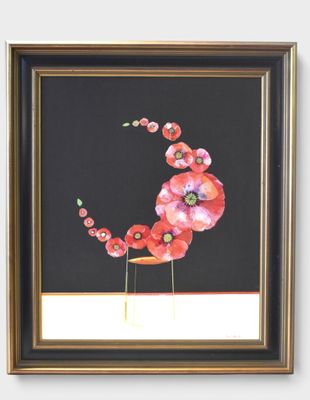 painting of a bird made of flowers on a black background